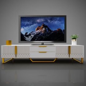 TV Console With Storage Cabinets, Carve Design TV Stand With Metal Legs, Large Storage Space Modern Entertainment Center Suit For Living Room, Be (Option: White)